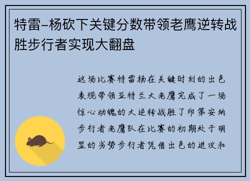 特雷-杨砍下关键分数带领老鹰逆转战胜步行者实现大翻盘